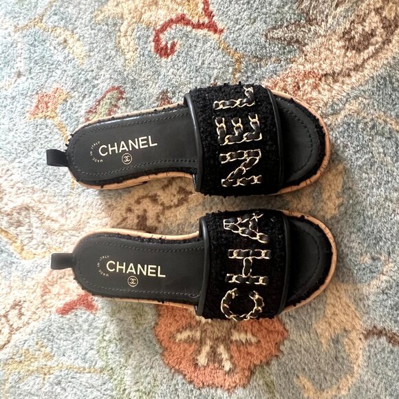 CHANEL Black Cork Tweed Leather Gold Chain Open Toe Mule Slides Sandals Size 6 - Picture 6 of 8
